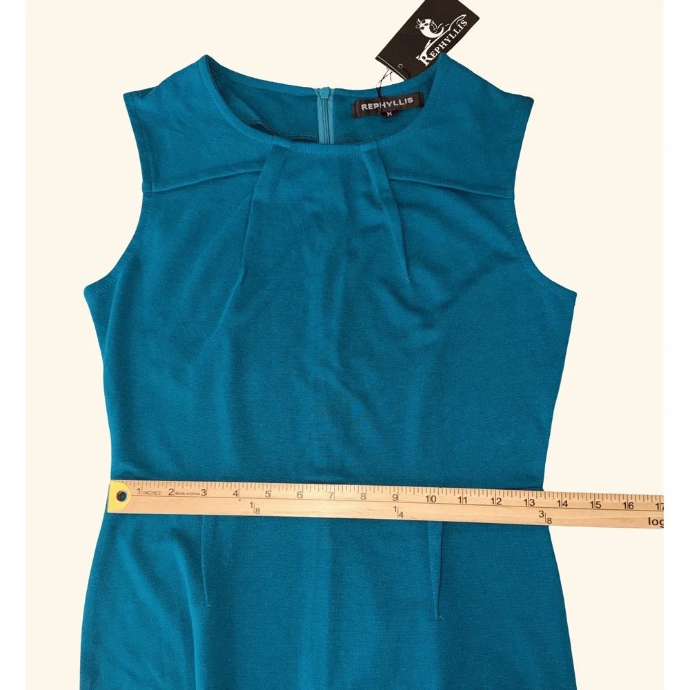 Rephyllis Sheath Dress Teal Blue Pleated Sz Medium NWT Polyester Spandex Comfort